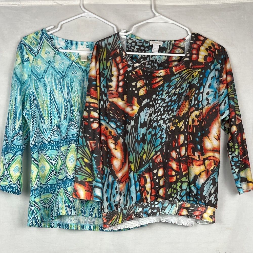 Two Chicos Long Sleeve Blouses Blue Paisley and Brown Butterfly